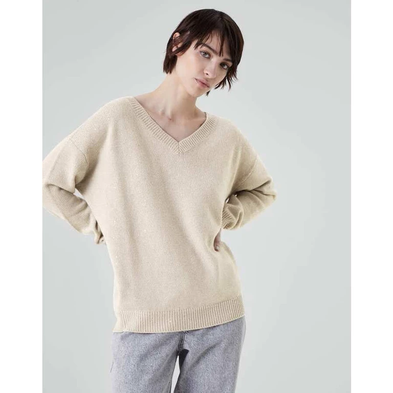Womens Light Brown Wool Silk V Neck Sweater