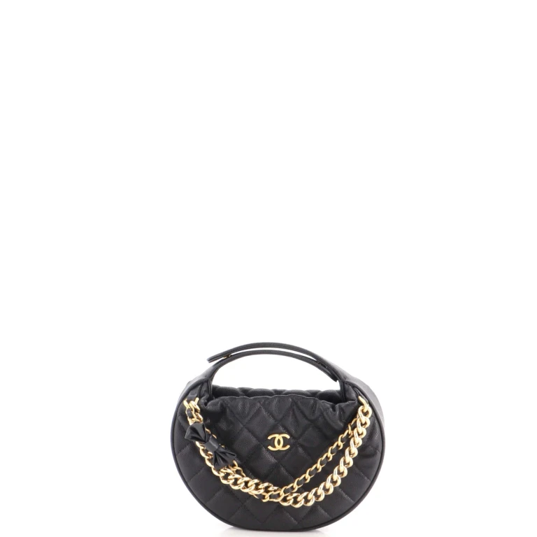 Double Chain Bow Hobo Pouch Quilted Caviar Mini