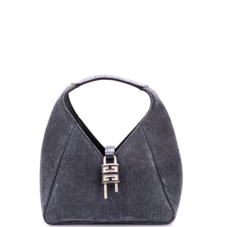 Padlock Hobo Washed Denim and Crocodile Embossed Leather Mini