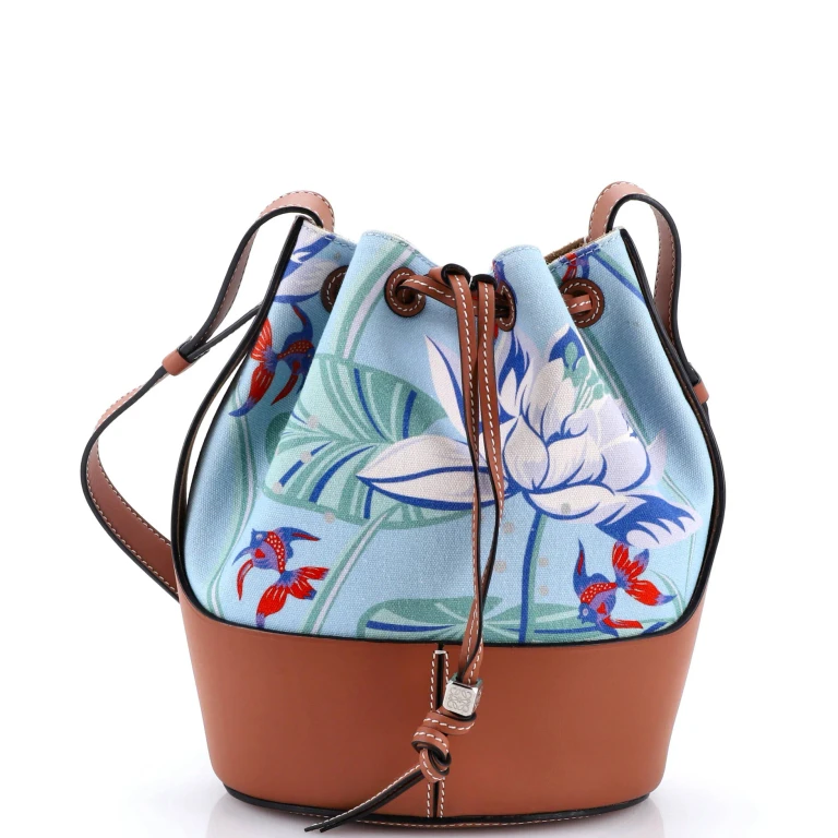 Paula's Ibiza Balloon Bucket Bag Printed Canvas and Leather Mini