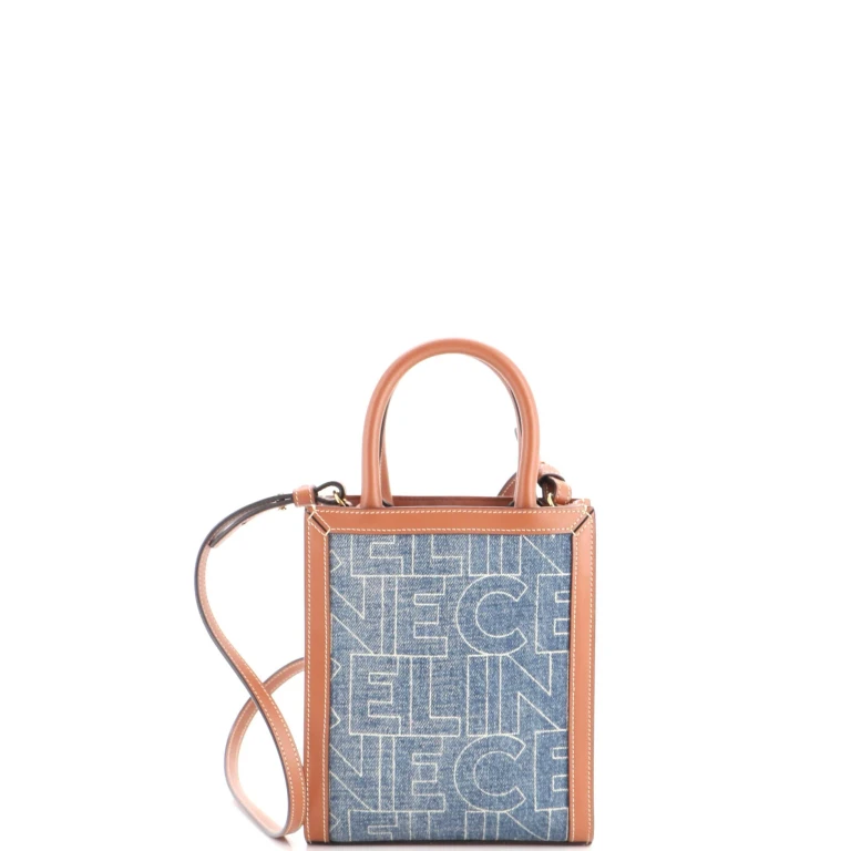 Vertical Cabas Tote Printed Denim with Leather Mini