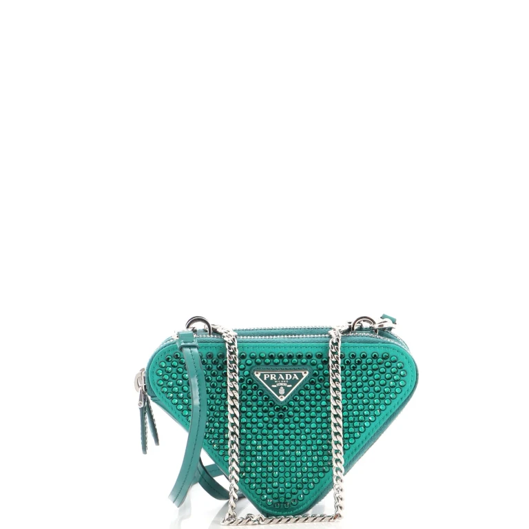 Triangle Double Pouch Crossbody Crystal Embellished Satin Mini