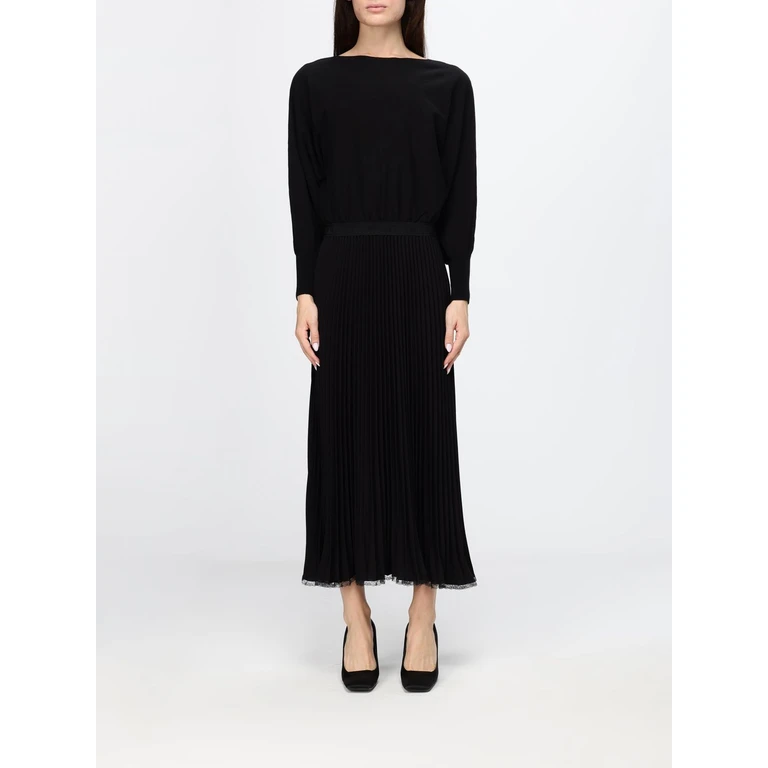 Midikleid aus Strick und Crêpe mit Faltenrock und langen Ärmeln