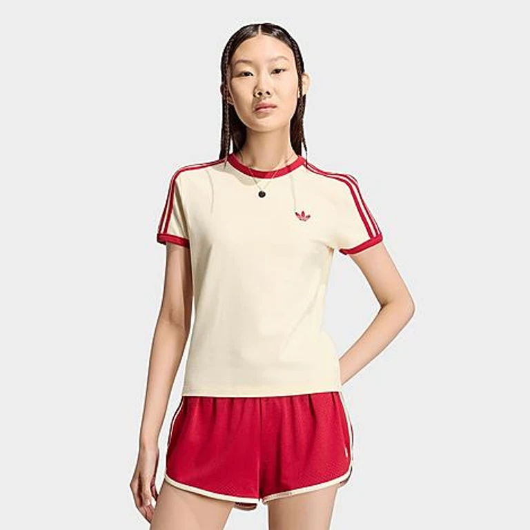 Women's Originals 3-Stripes Slim T-Shirt in Warm Vanilla/Team Victory Red Size: XXS