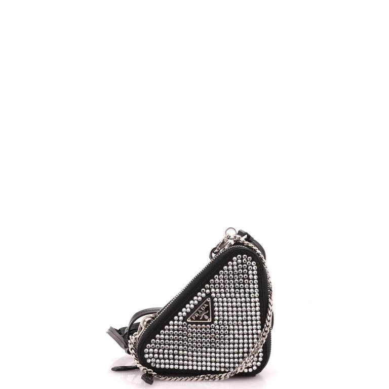 Triangle Double Pouch Crossbody Crystal Embellished Satin Mini