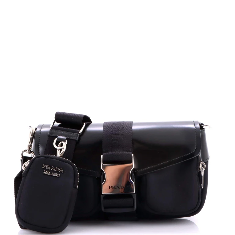 Buckle Pocket Crossbody Bag Spazzolato Leather and Tessuto