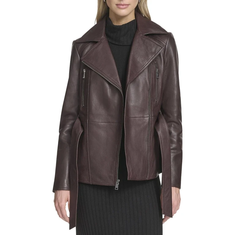 Violet Belted Leather Moto Jacket