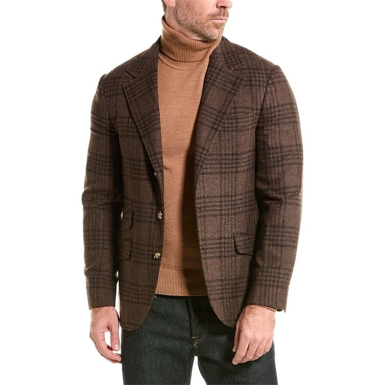 Men's Coffee Wool Silk Blend Checked Blazer