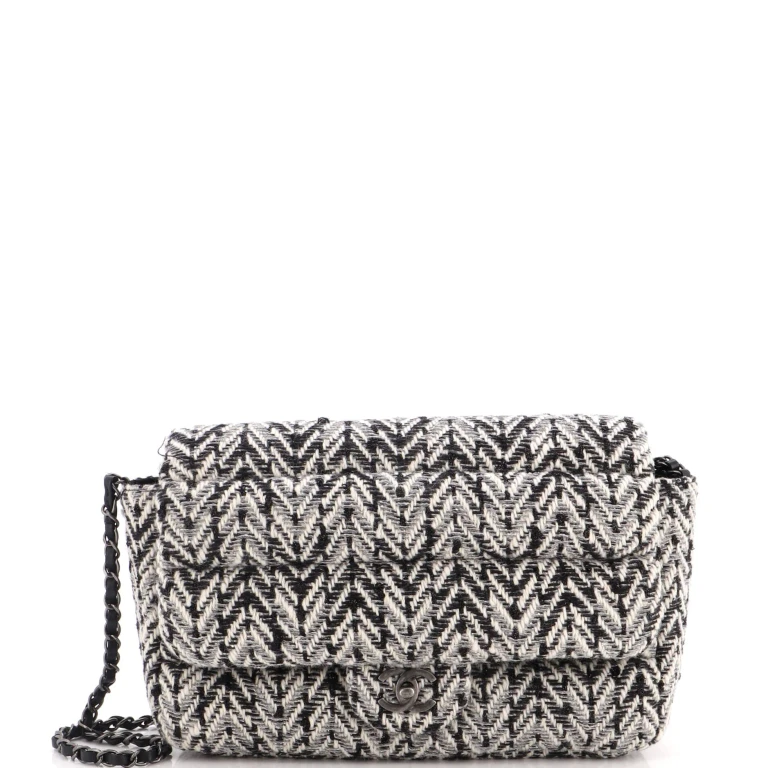 CC Chain Single Flap Bag Quilted Herringbone Tweed Medium