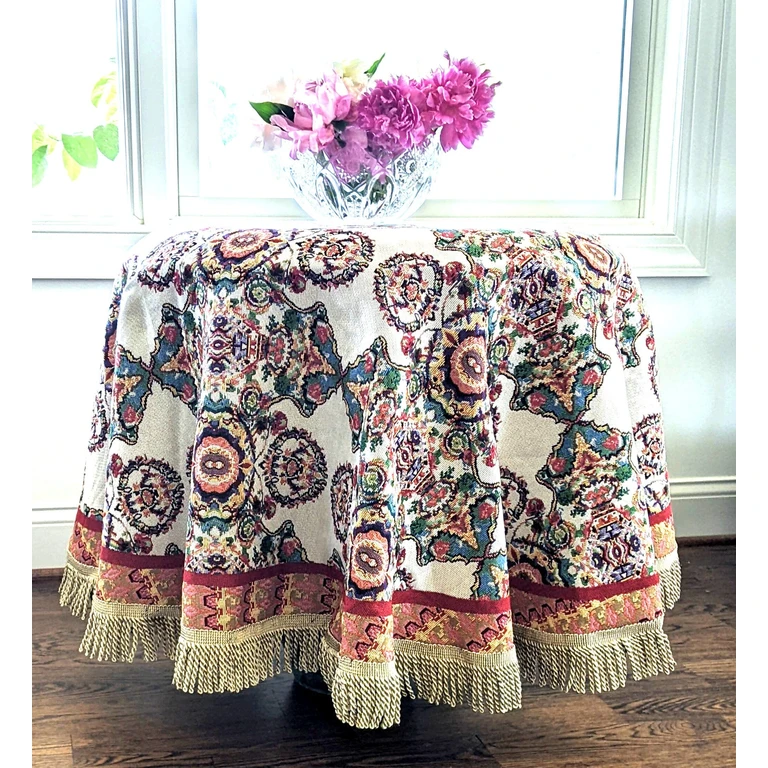 Tache Elegant Ivory Colorful Ornate Paisley Woven Tapestry Tablecloth (18193)