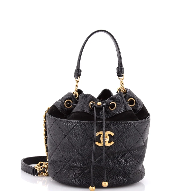 CC Drawstring Bucket Bag Quilted Caviar with Suede Small
