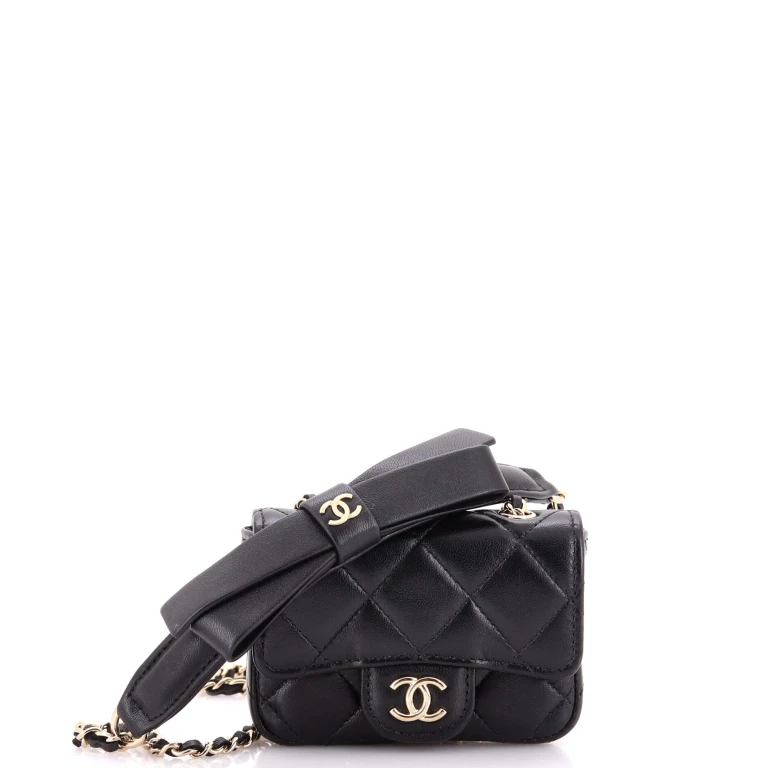 Bow Strap Card Holder on Chain Quilted Lambskin