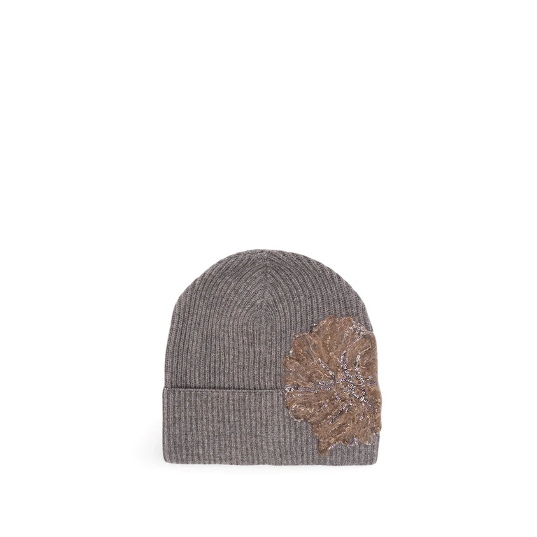 Cashmere Beanie With Floral Embroidery