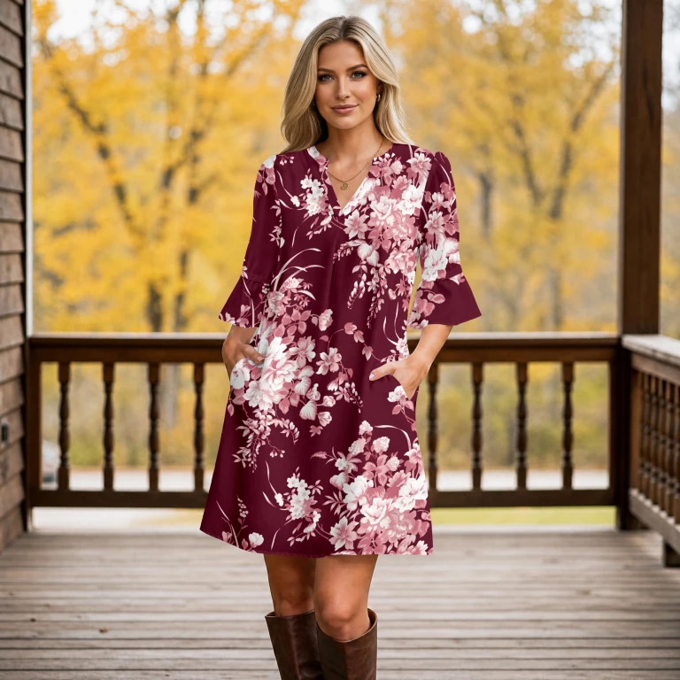 Burgundy and White Notch Neck Three Quarter Sleeve Ruffle Cuff Shift Dress with Pockets by Bon Apple Tea