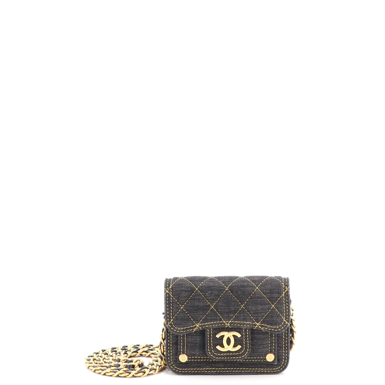 Double You CC Flap Clutch with Chain Quilted Denim