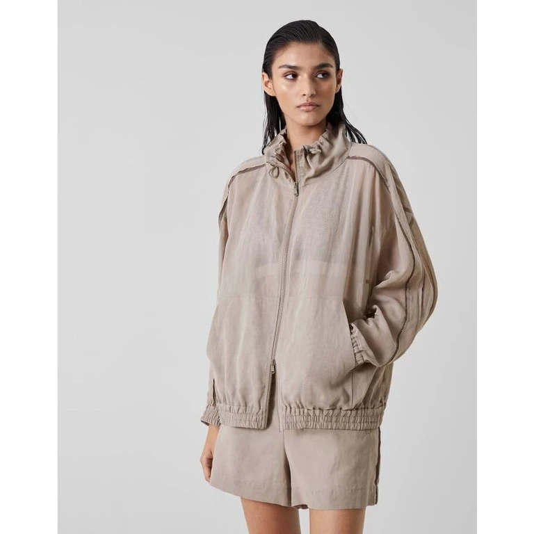 Women's Coffee Cream Cotton Zip Front Jacket
