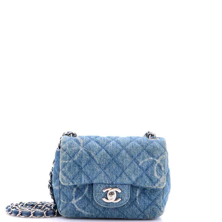Square Classic Single Flap Bag Quilted CC Printed Denim Mini