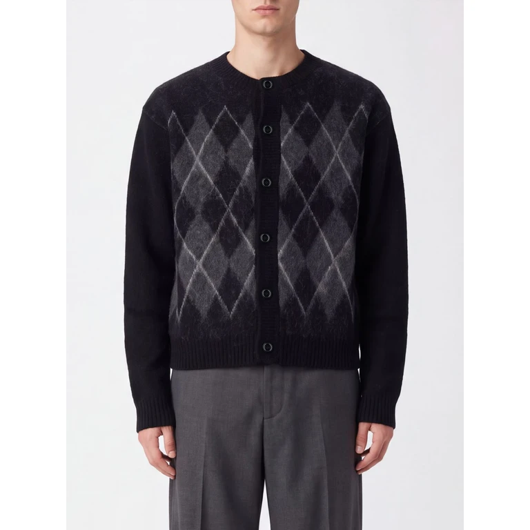 Argyle Cardigan in Wool and Alpaca Blend with Ribbed Trims (BF34KN701BLACK)