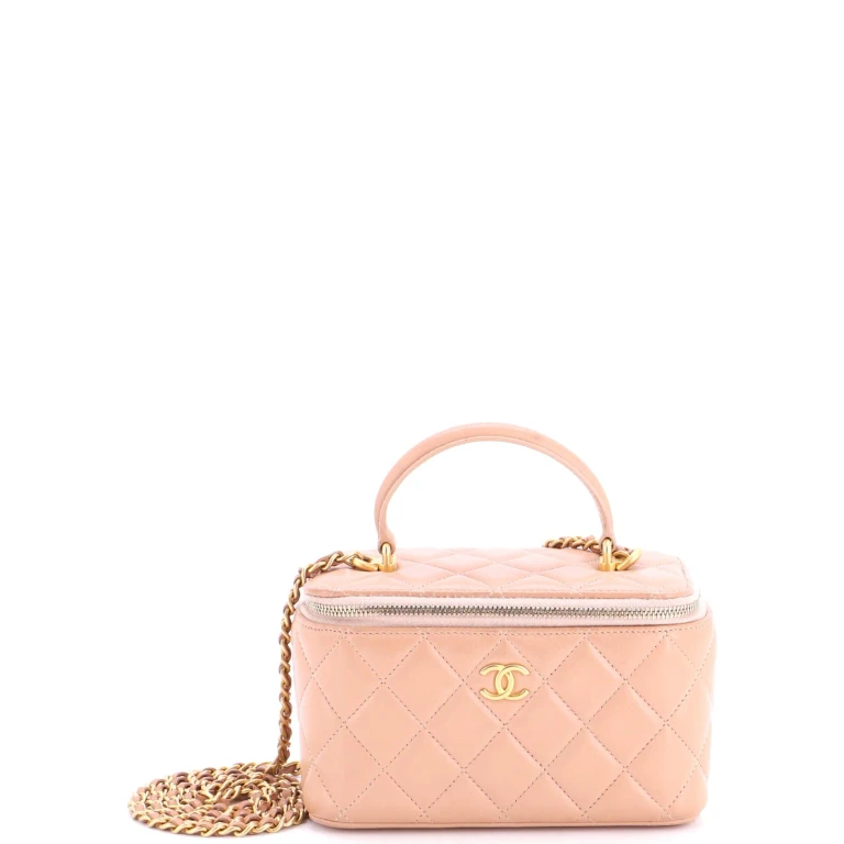 Classic Top Handle Vanity Case with Chain Quilted Lambskin Small