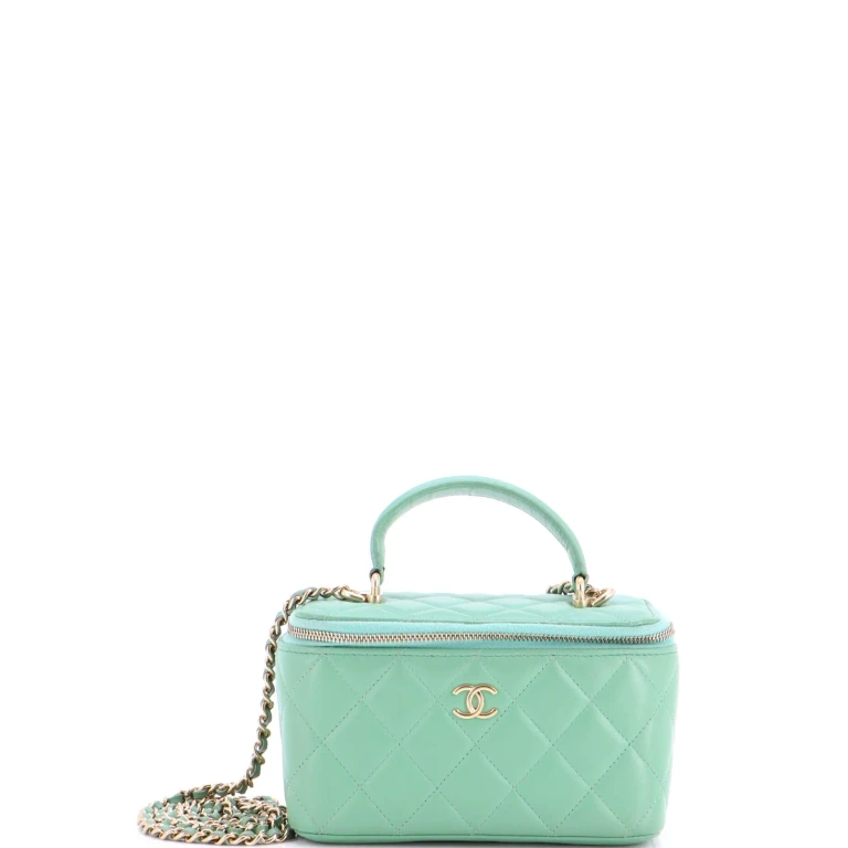 Classic Top Handle Vanity Case with Chain Quilted Lambskin Small