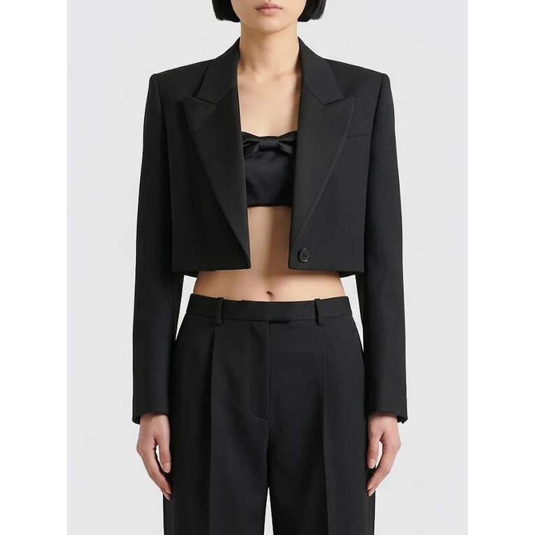 Cropped Single-Breasted Merino Wool Blazer with Lapels (BW30RK100H001)