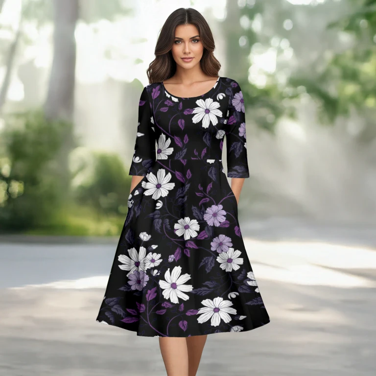 Black, Purple, and White Floral Three-Quarter Sleeve Dress with Pockets by Bon Apple Tea