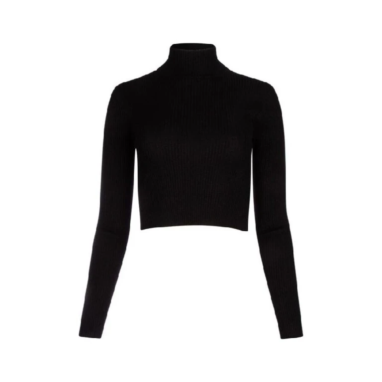 Womens Black Wool Silk Blend Cropped Turtleneck Shirt