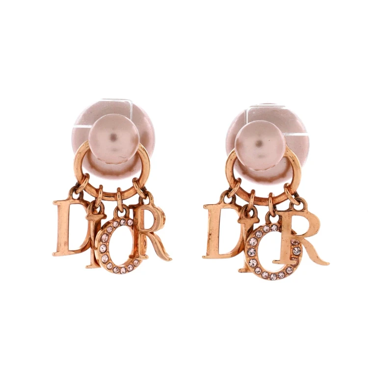 Tribales Dangle Dior Logo Stud Earrings Metal with Faux Pearls and Crystals