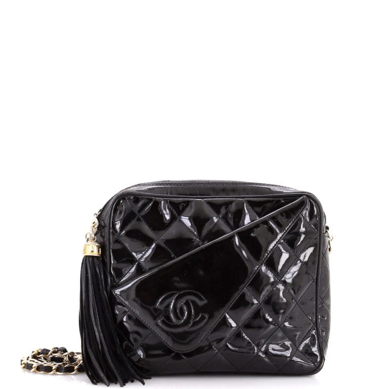 Vintage Camera Tassel Bag Quilted Patent Medium