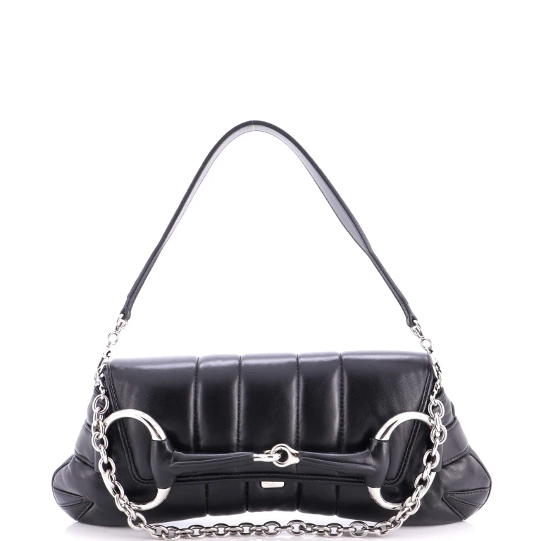 Horsebit Chain Shoulder Bag Vertical Quilted Leather Large
