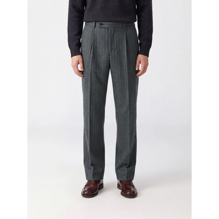 Pinstriped Tailored Trousers in Wool and Cashmere Blend with Pleats (BE34PT11MIDGREY)