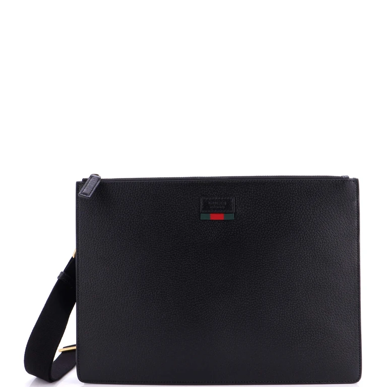 Web Strap Front Zip Messenger Bag Leather Large