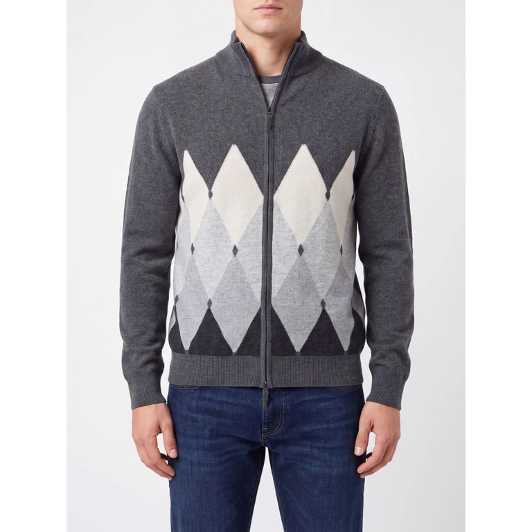Argyle Pattern 100% Cashmere Zip Cardigan (B2K03612KA895034)