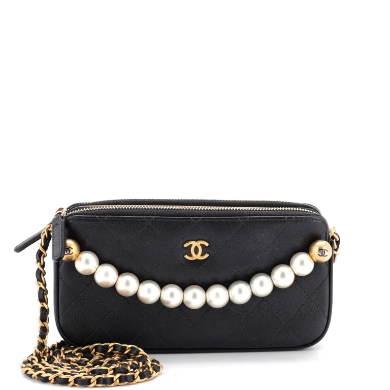 Chic Pearls Double Zip Clutch with Chain Quilted Lambskin