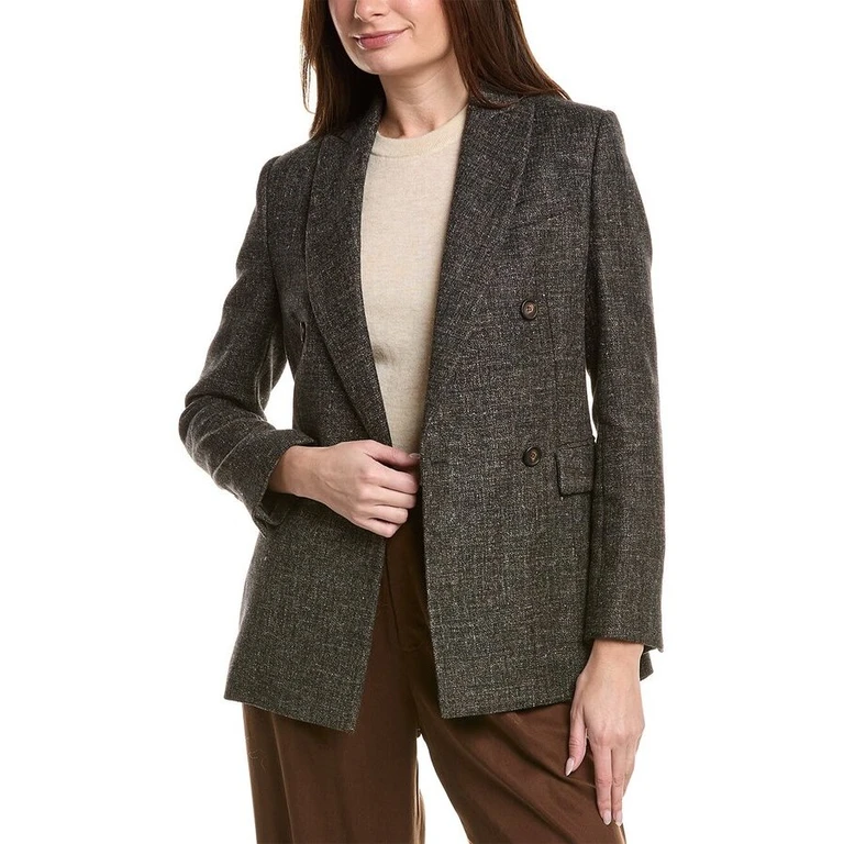 Women's Macro Melange Grey Wool Linen Blend Double Jacket