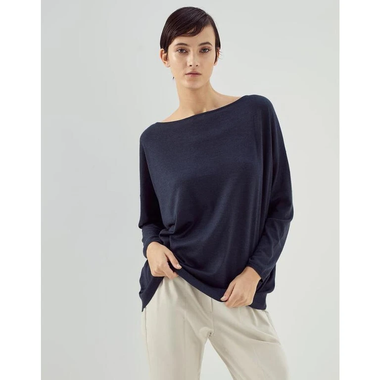 Womens Cold Blue Wool Silk Boat Neck Shirt