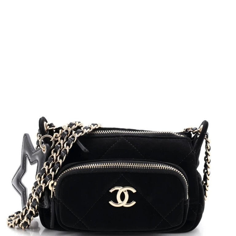 25 Clutch With Chain Quilted Velvet Effect Nylon and Shiny Crumpled Calfskin Mini