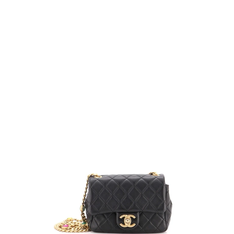 Pearl Samba Resin Chain Square Flap Bag Quilted Lambskin Mini