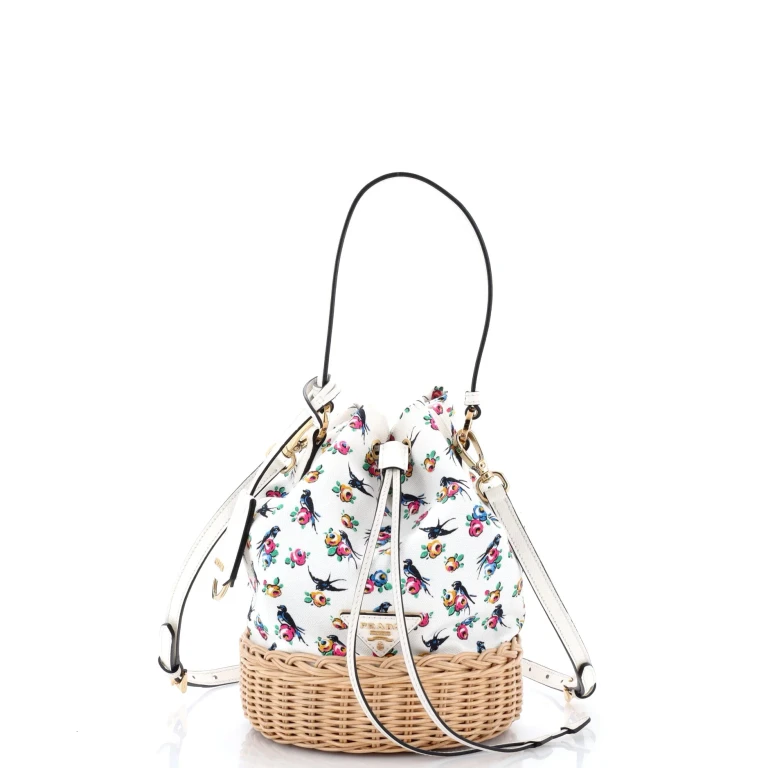 Drawstring Bucket Bag Printed Canvas and Wicker Small
