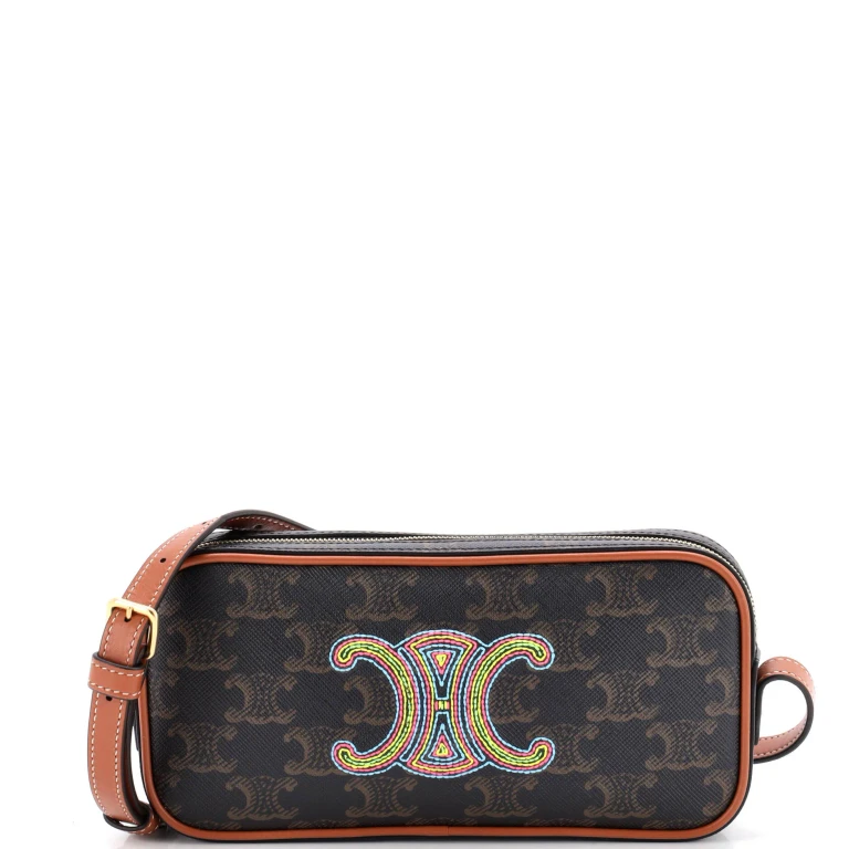 Cuir Triomphe Camera Shoulder Bag Embroidered Triomphe Coated Canvas with Leather Small