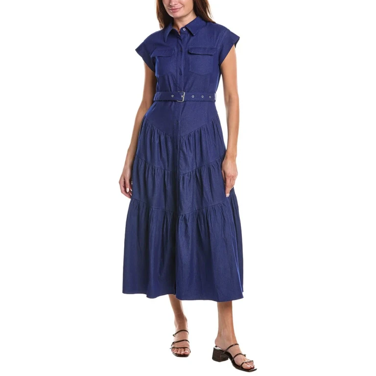 Buckle Belted Tiered Denim Maxi Dress