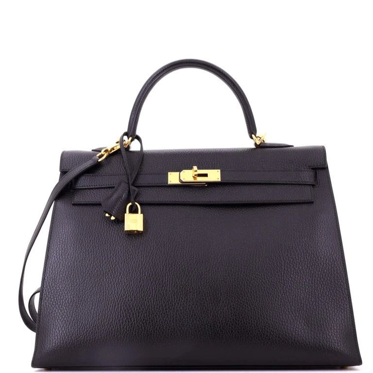 Kelly Handbag Noir Ardennes with Gold Hardware 35