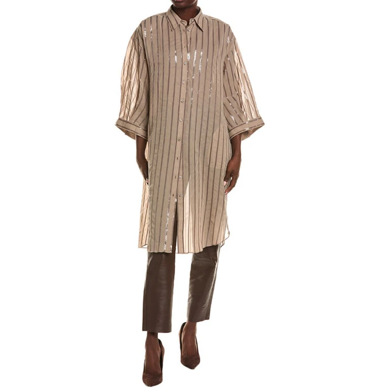Womens Coffee Cream Long Sequin Striped Cotton Shirt