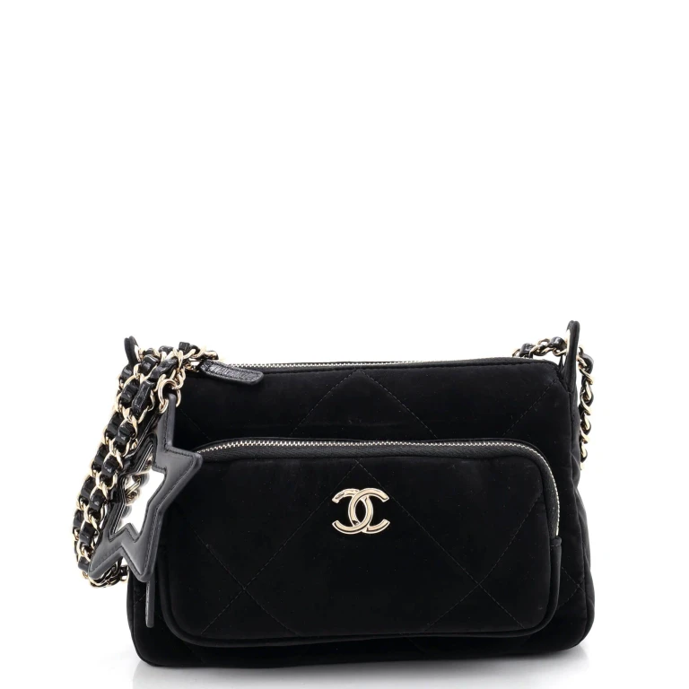 25 Clutch With Chain Quilted Velvet Effect Nylon and Shiny Crumpled Calfskin Small