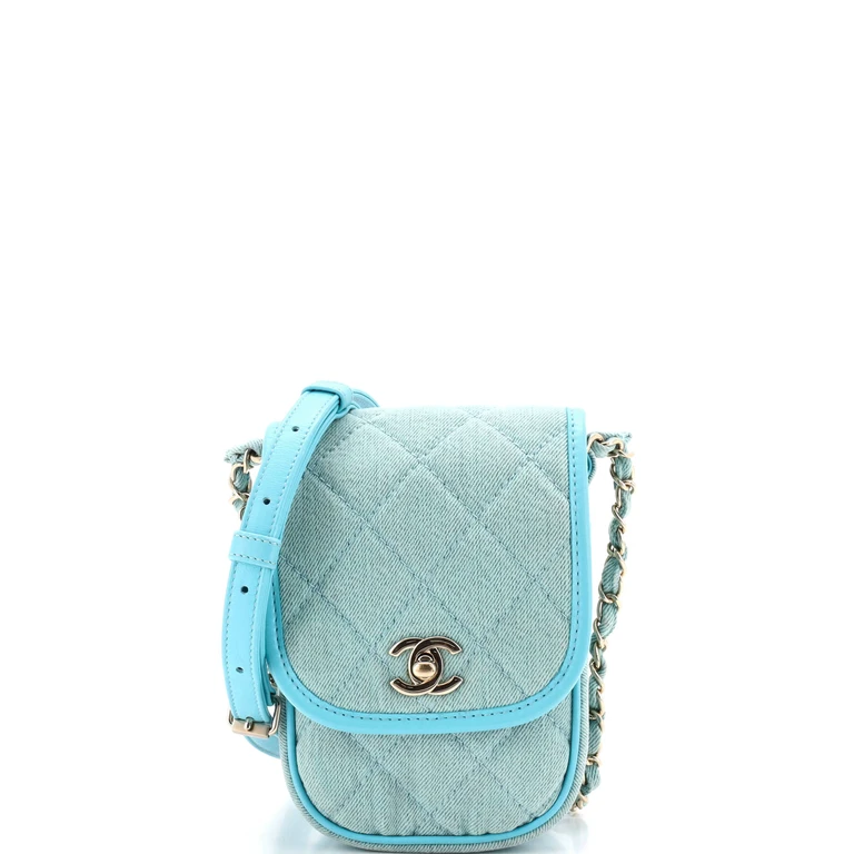 Flap Clutch with Chain Quilted Denim Mini