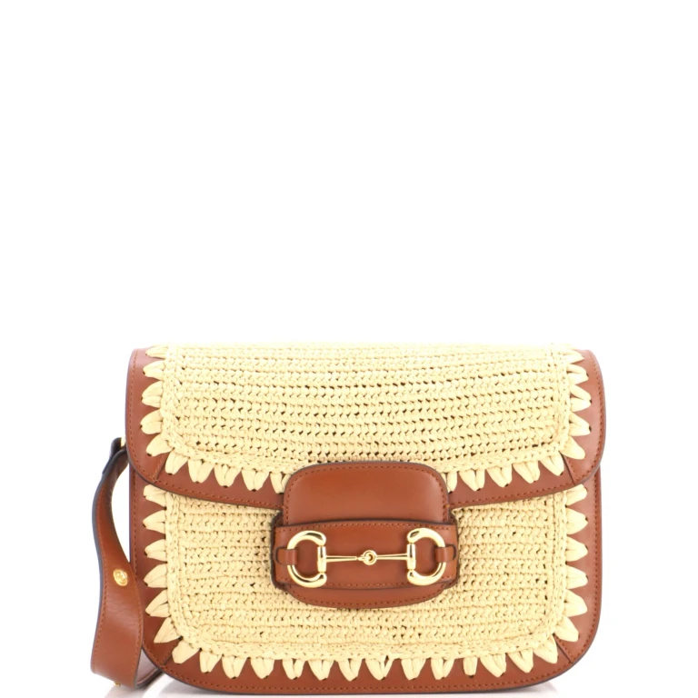 Horsebit 1955 Shoulder Bag Raffia Effect with Leather Small