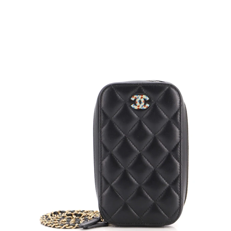 Zip Around Phone Case with Chain Quilted Lambskin with Enamel