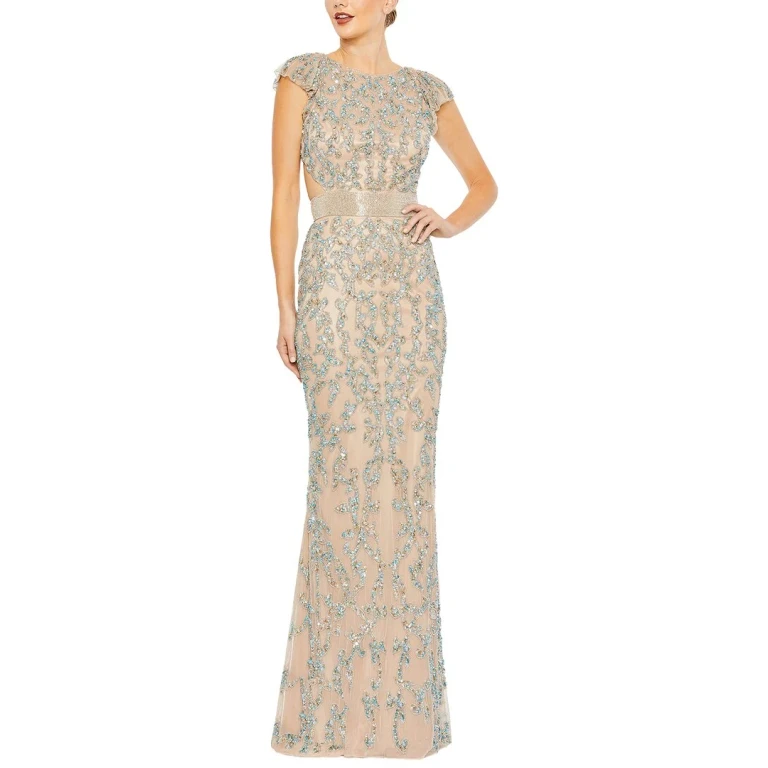 Beaded Mesh Cap Sleeve High Neck Column Gown