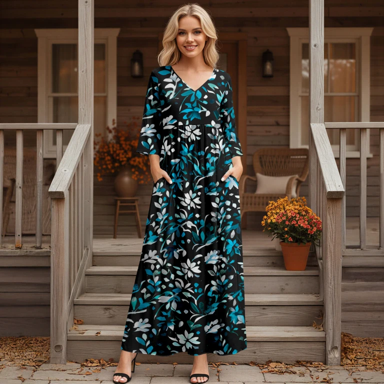 Blue and Black Floral Three Quarter Sleeve V-neck Maxi Dress with Pockets by Bon Apple Tea