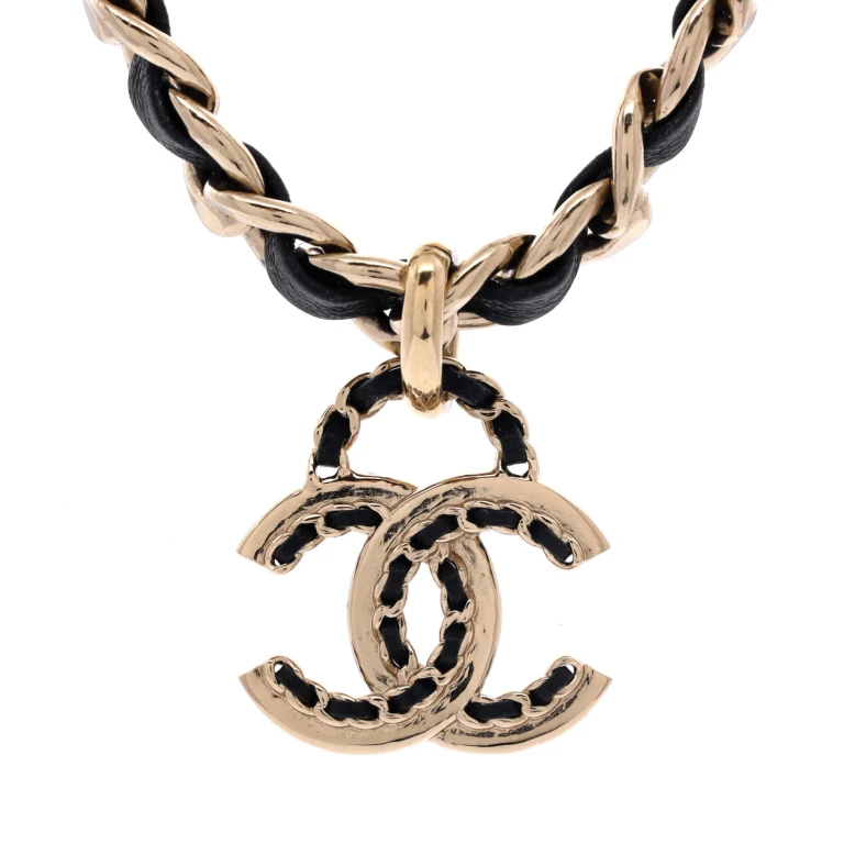 Woven Chain CC Pendant Chunky Choker Necklace Metal and Leather